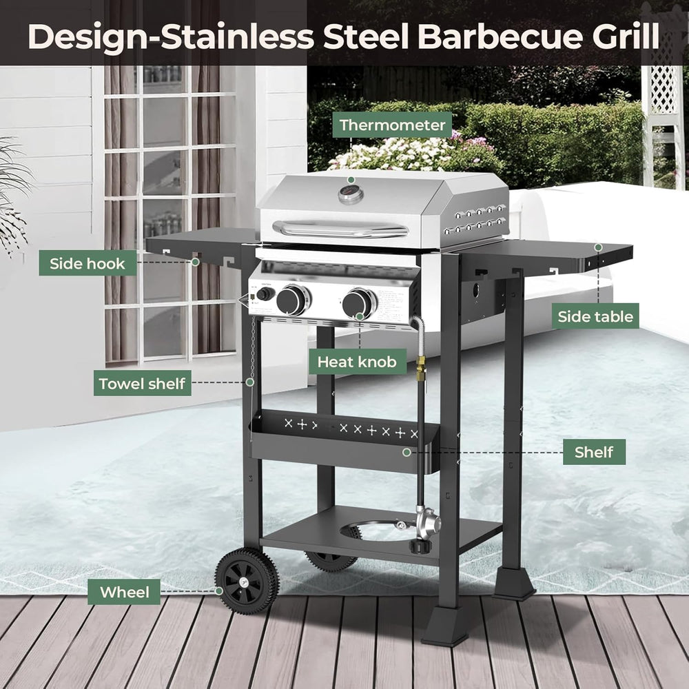 2 - Burner Stainless Steel Propane Grill, 16,000 BTU Portable Gas BBQ with Electronic Ignition - Kismile