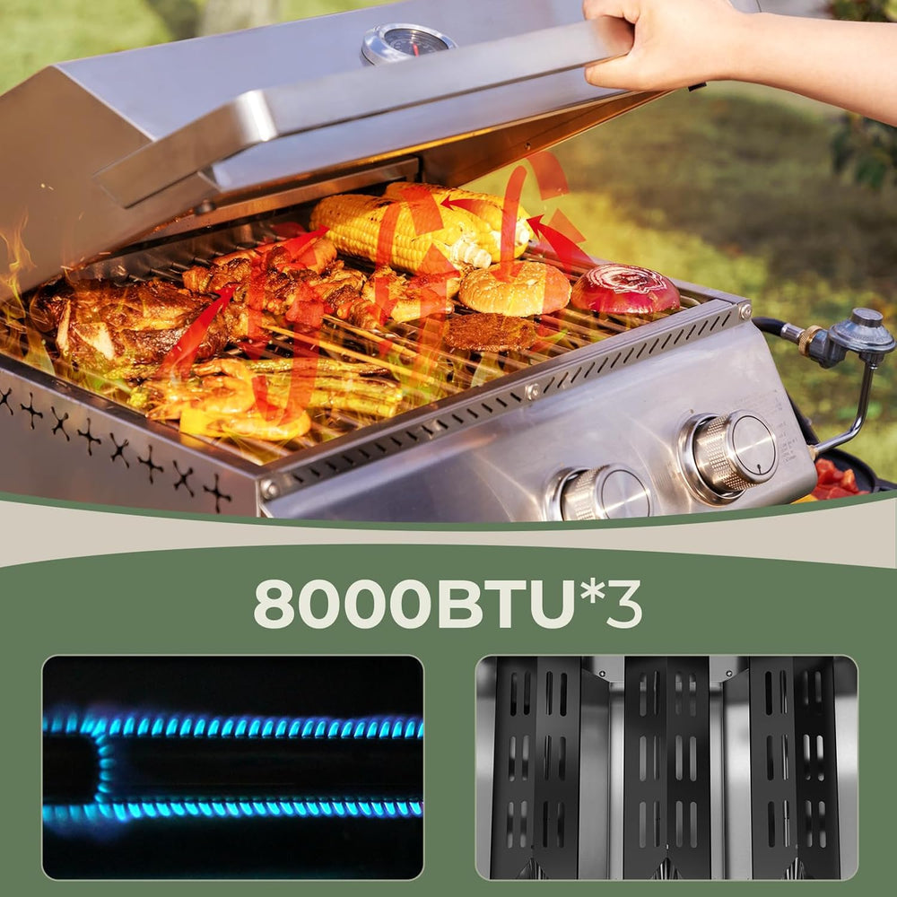 3 - Burner Tabletop Portable Propane Gas Grill with Detachable Griddle,24,000 BTU Compact Outdoor BBQ TG0130K - Kismile