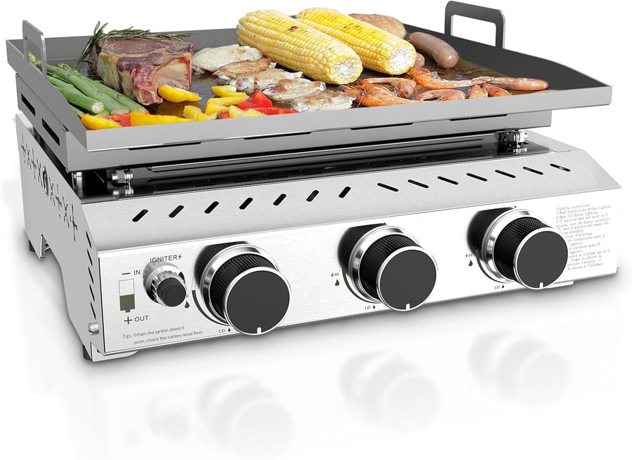 3 Burners Portable Propane Griddle,25 inch Stainless Steel Gas Grill,24,000 BTU Table Top Grill TG0130C - Kismile