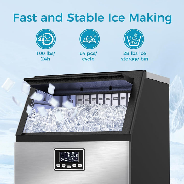 Commercial Ice Maker Machine,100lbs/24H Moon - Shaped Ice Machine with 28 Lbs Storage Capacity - Kismile