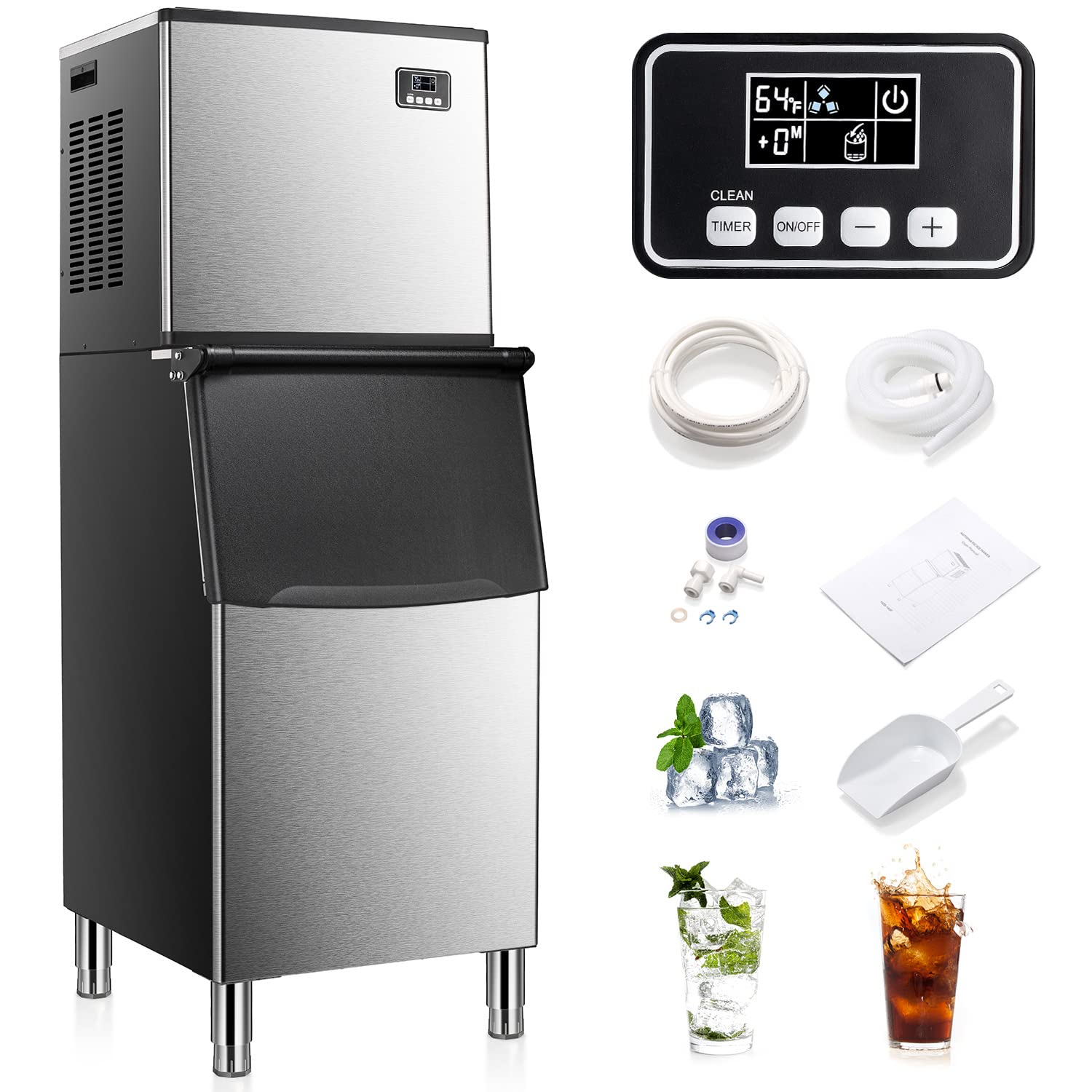 360LBS/24H 110-120V Commercial Ice Maker with Bin Storage, Industrial Modular Stainless Steel Ice Machine, 1 Year (Free)
