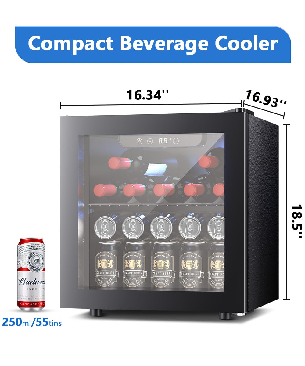 1.3 Cu.Ft Beverage Refrigerator Cooler, 12 Bottle 55 Can Mini Fridge for Beer Soda Wines Clear Front Glass Door,Freestanding beverage Small fridge with Adjustable Shelving - Kismile