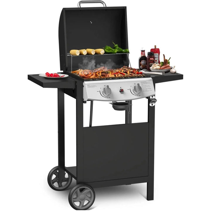 2 - Burner Propane Gas Grill,20,000 BTU Stainless Steel BBQ Grill with Top Cover Lid,Wheels,Side Tables,Built - in Thermometer,Camping Barbecue Griddle for Patio,Party,Black - Kismile