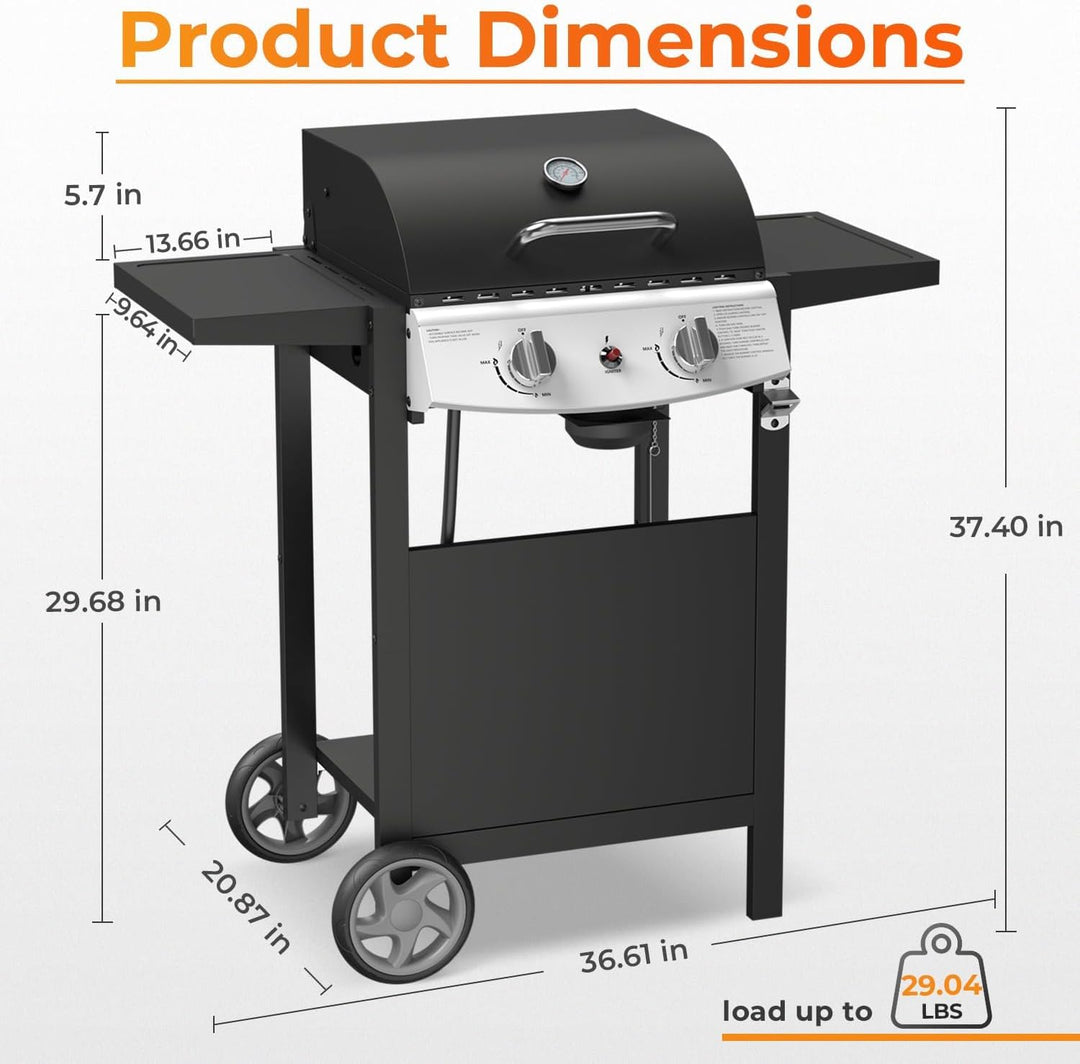 2 - Burner Propane Gas Grill,20,000 BTU Stainless Steel BBQ Grill with Top Cover Lid,Wheels,Side Tables,Built - in Thermometer,Camping Barbecue Griddle for Patio,Party,Black - Kismile