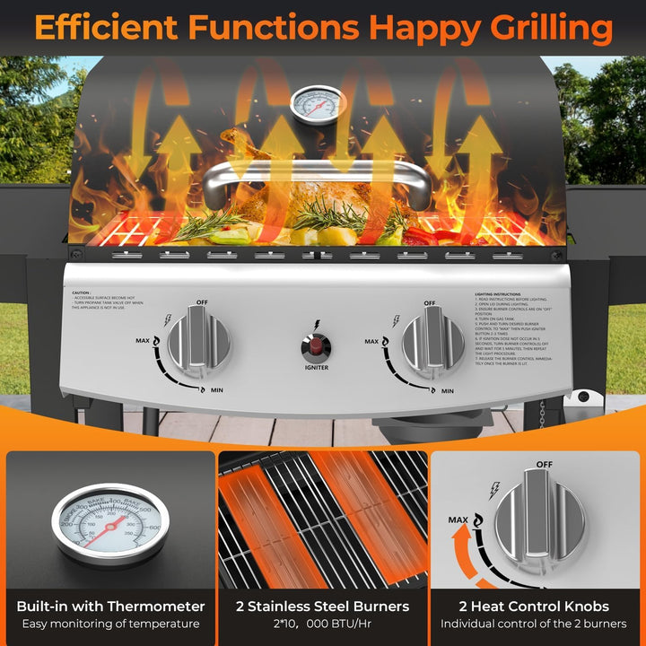 2 - Burner Propane Gas Grill,20,000 BTU Stainless Steel BBQ Grill with Top Cover Lid,Wheels,Side Tables,Built - in Thermometer,Camping Barbecue Griddle for Patio,Party,Black - Kismile