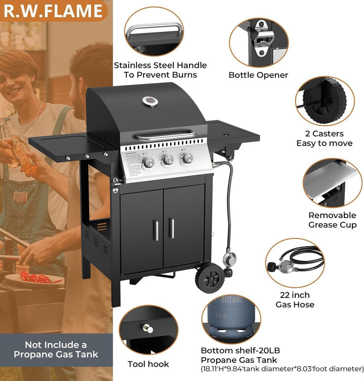 3 - Burner Propane Gas Grill,BBQ Grill with Side Burner,31,000 BTU Stainless Steel Cabinet Style Propane Grill with Temperature Display,355 sq.in Grilling - Kismile