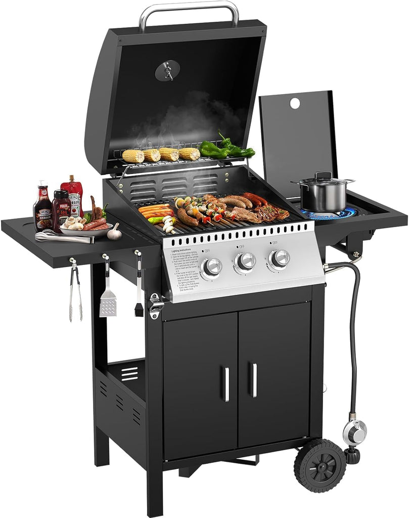 3 - Burner Propane Gas Grill,BBQ Grill with Side Burner,31,000 BTU Stainless Steel Cabinet Style Propane Grill with Temperature Display,355 sq.in Grilling - Kismile