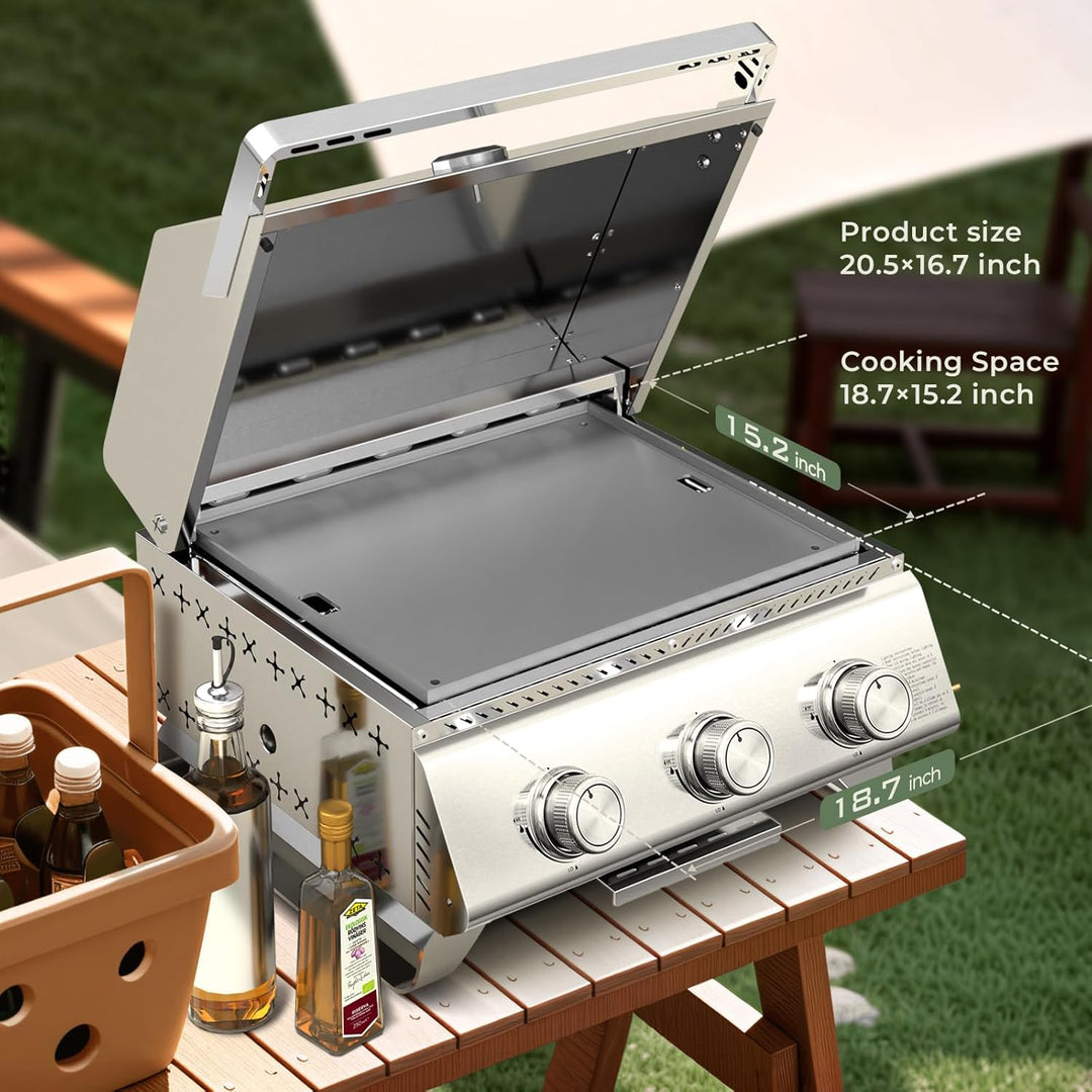 3 - Burner Tabletop Portable Propane Gas Grill with Detachable Griddle,24,000 BTU Compact Outdoor BBQ TG0130K - Kismile