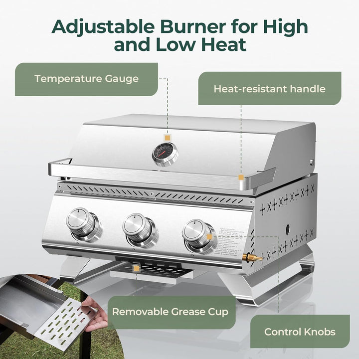3 - Burner Tabletop Portable Propane Gas Grill with Detachable Griddle,24,000 BTU Compact Outdoor BBQ TG0130K - Kismile