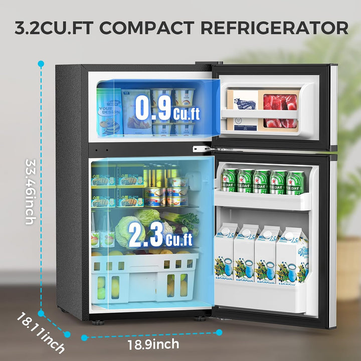 3.2 Cu.Ft Mini Fridge with Freezer, Double Door Compact Refrigerator 58087RRE0 - Kismile