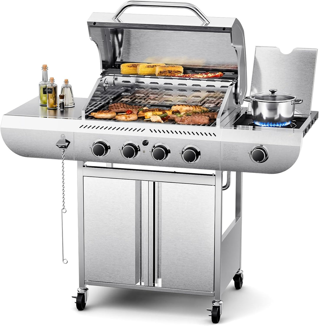 4 - Burner BBQ Propane Gas Grill, 42,000 BTU Stainless Steel Barbecue Propane Grill with Side Burner G0141B - Kismile