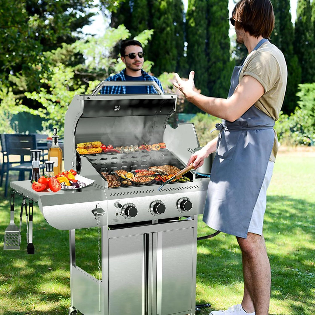 4 - Burner BBQ Propane Gas Grill, 42,000 BTU Stainless Steel Barbecue Propane Grill with Side Burner G0141B - Kismile