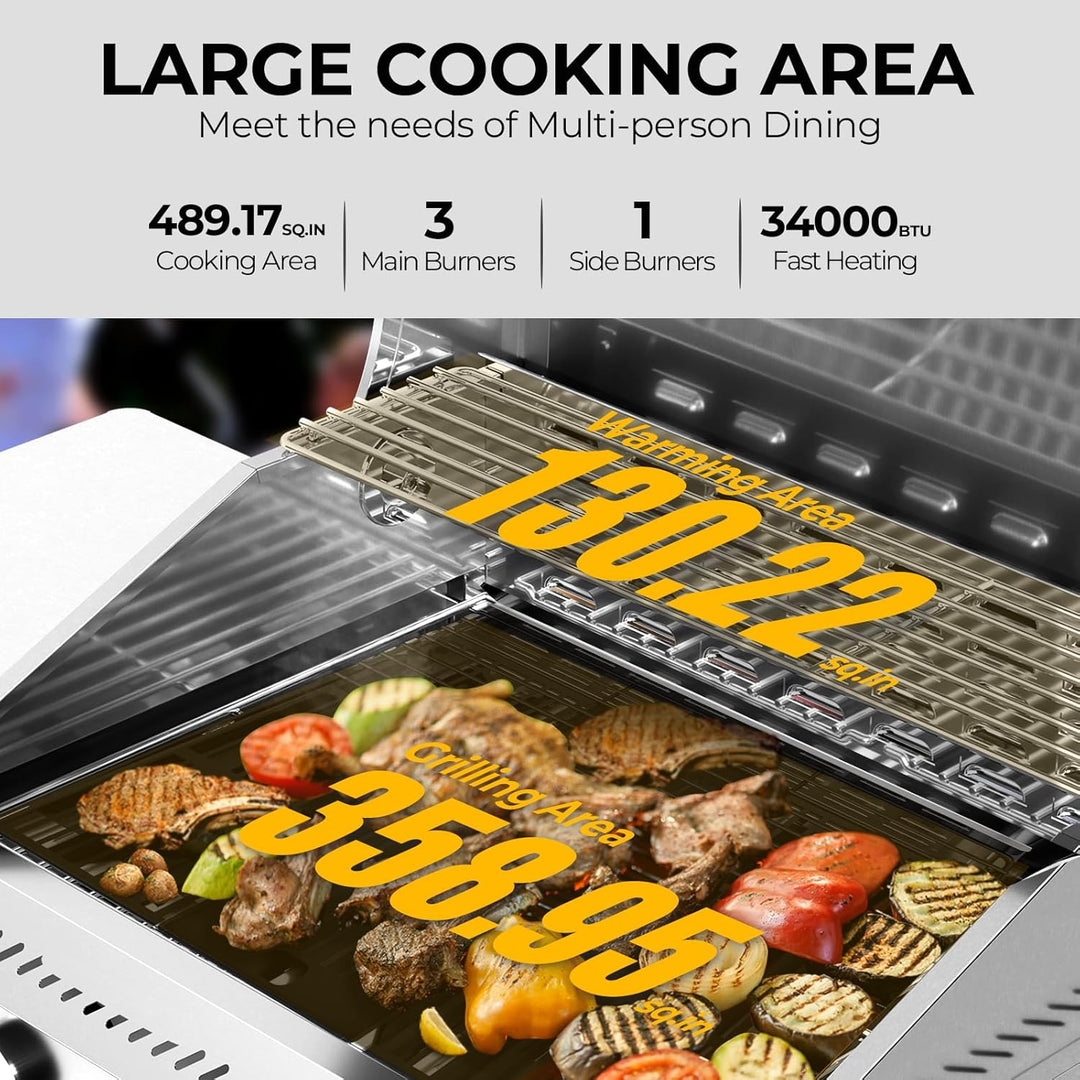 4 - Burner BBQ Propane Gas Grill, 42,000 BTU Stainless Steel Barbecue Propane Grill with Side Burner G0141B - Kismile