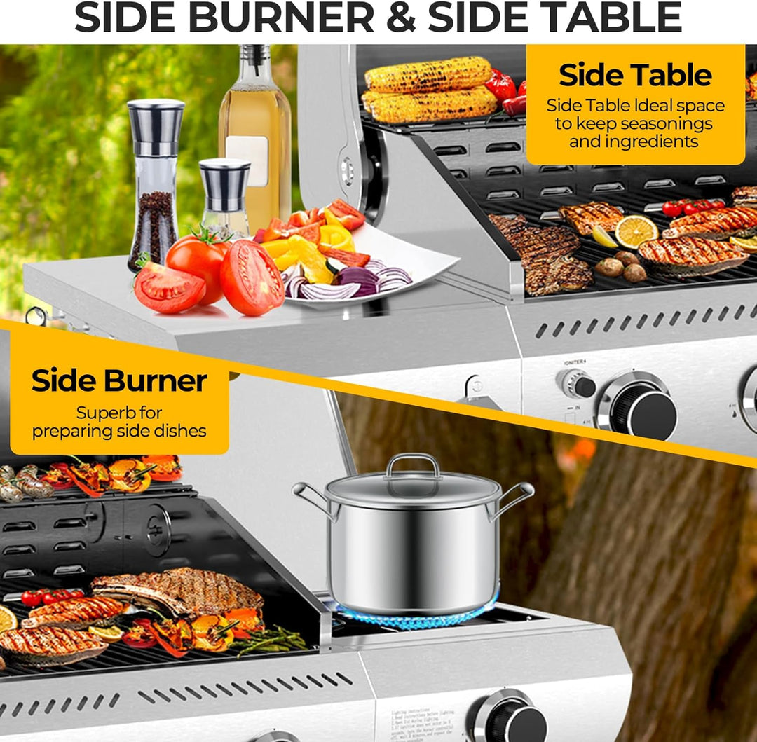 4 - Burner BBQ Propane Gas Grill, 42,000 BTU Stainless Steel Barbecue Propane Grill with Side Burner G0141B - Kismile