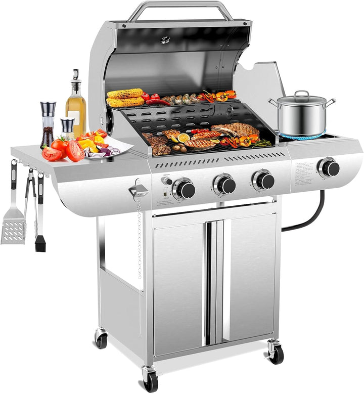 4 - Burner BBQ Propane Gas Grill, 42,000 BTU Stainless Steel Barbecue Propane Grill with Side Burner G0141B - Kismile