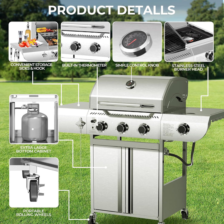 4 - Burner BBQ Propane Gas Grill, 42,000 BTU Stainless Steel Barbecue Propane Grill with Side Burner G0141B - Kismile
