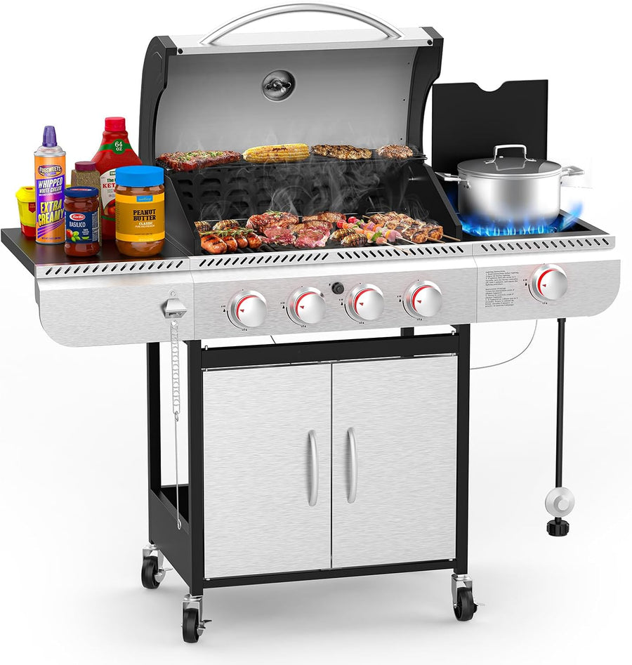 4 - Burner Propane Gas Grill with Porcelain - Enameled Cast Iron Grates and Side Burne G0141A - Kismile