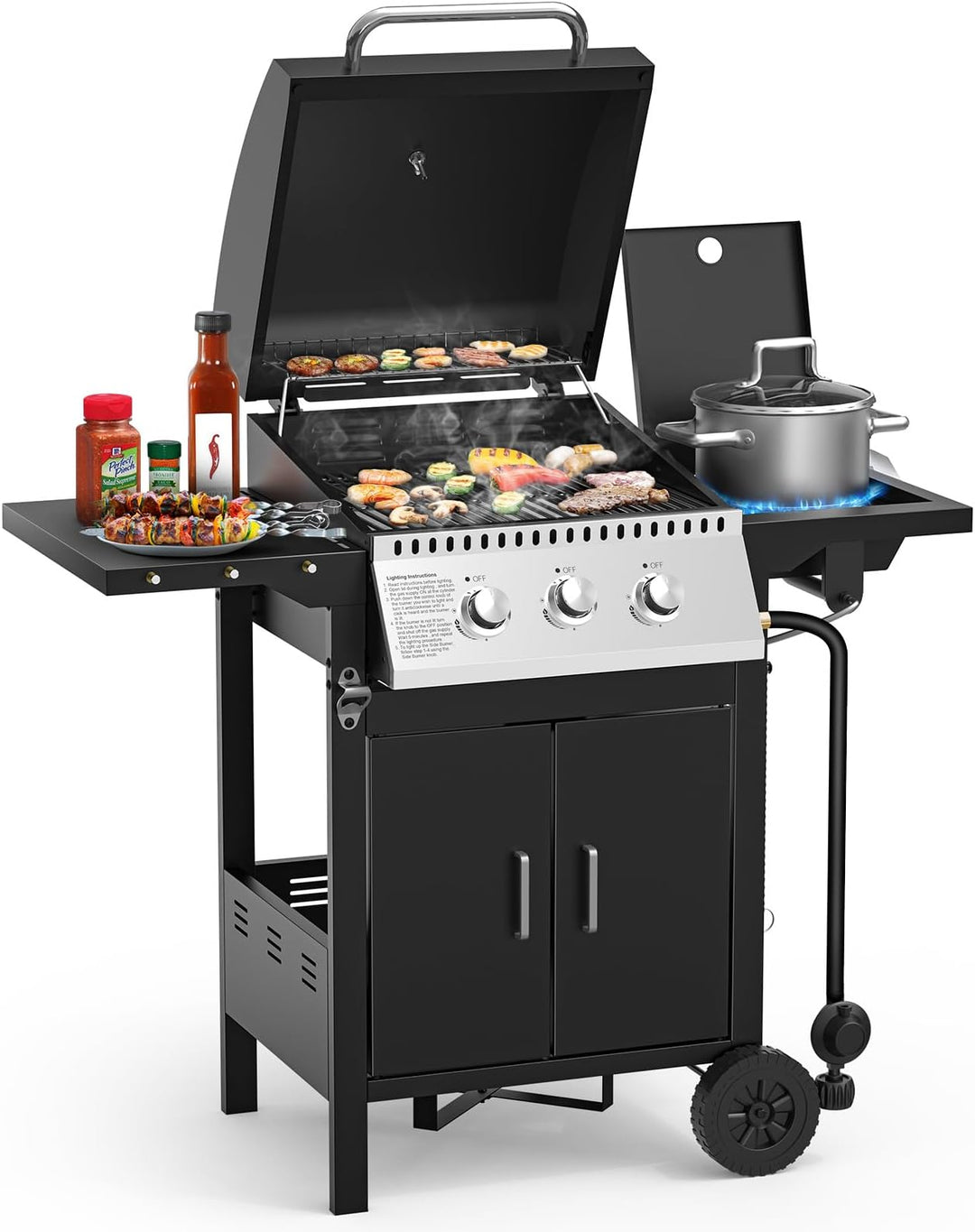 4 - Burner Propane Gas Grill with Porcelain - Enameled Cast Iron Grates and Side Burne G0141A - Kismile