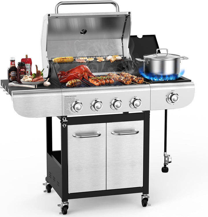 4 - Burner Propane Gas Grill with Porcelain - Enameled Cast Iron Grates and Side Burne G0141A - Kismile