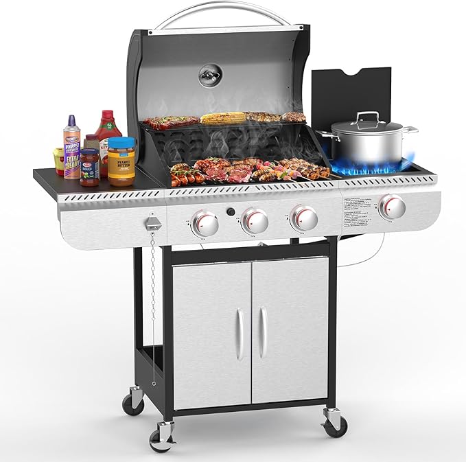 4 - Burner Propane Gas Grill with Porcelain - Enameled Cast Iron Grates and Side Burne G0141A - Kismile