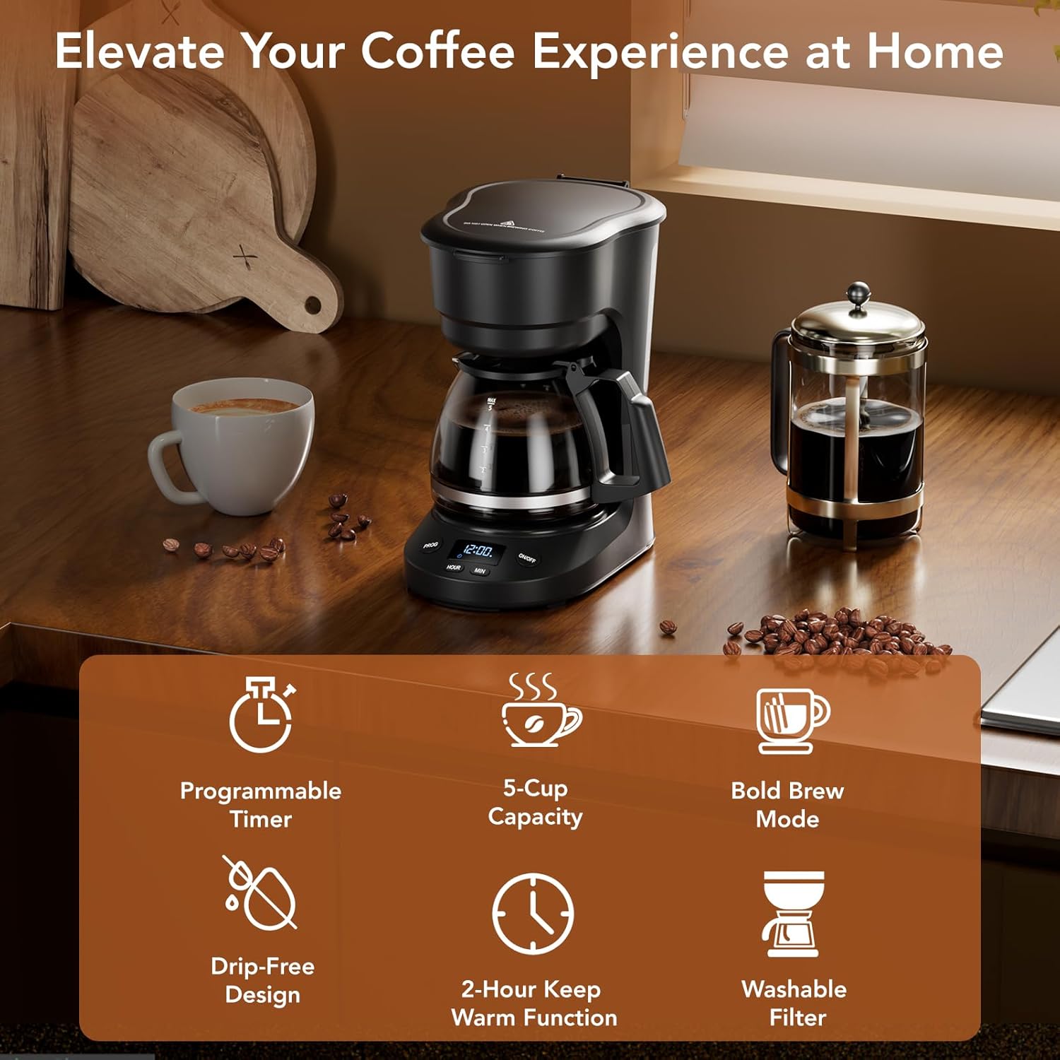 5-Cup Drip Coffee Maker - Programmable, Auto Brew, Auto Pause