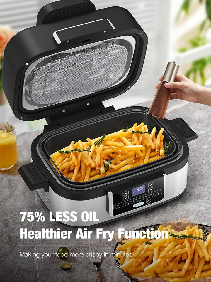 5 - IN - 1 Indoor Electric Grill, Nonstick Smokeless Indoor Grill with Grill, Air Fry, Dehydrate, Bake & Roast, 5QT Smart Air Fryer Grill Combo, Dishwasher Safe, 1450W, Black - Kismile