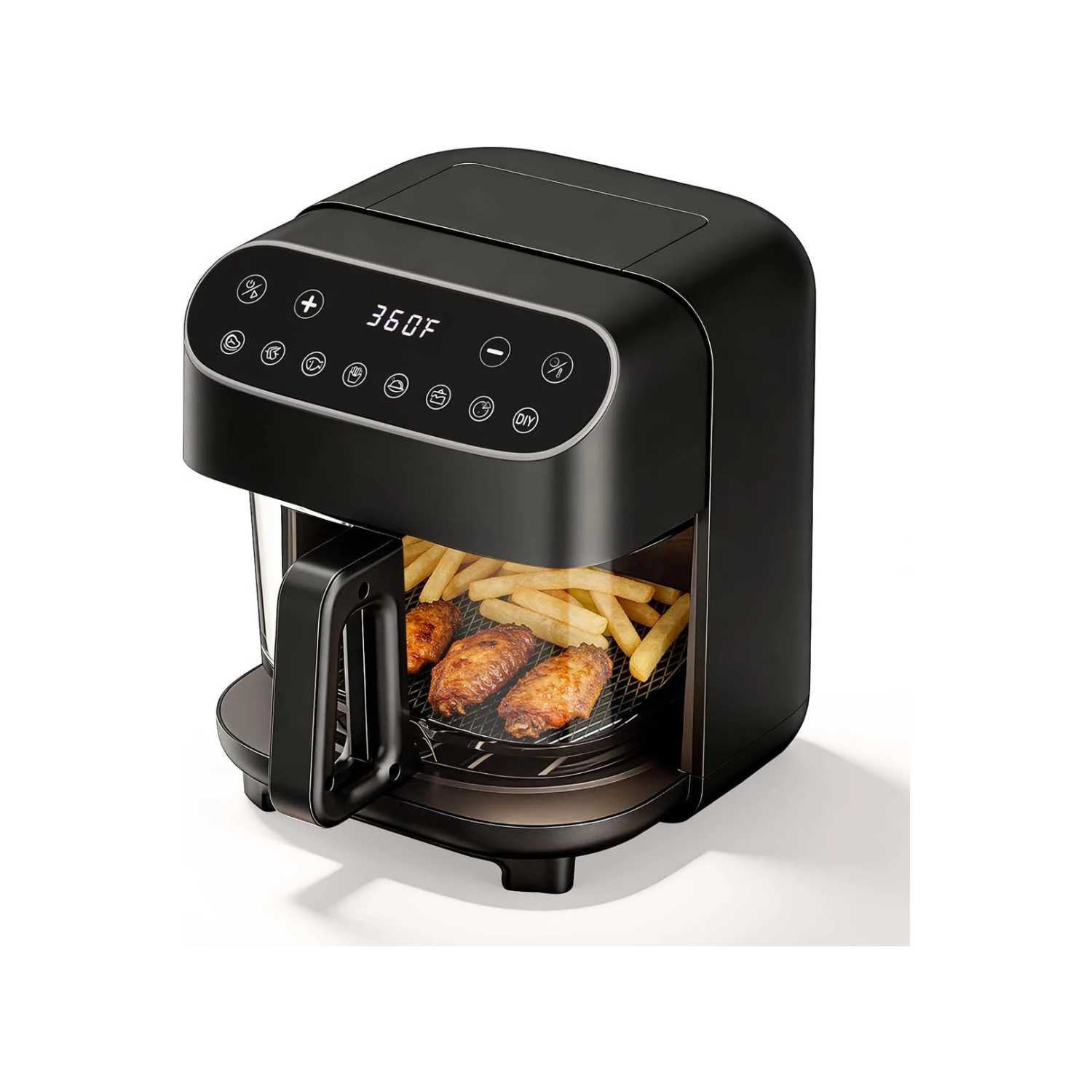 Black air fryer with food inside on a white background