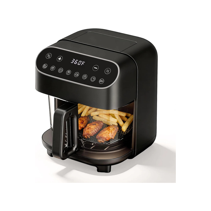 Black air fryer with food inside on a white background