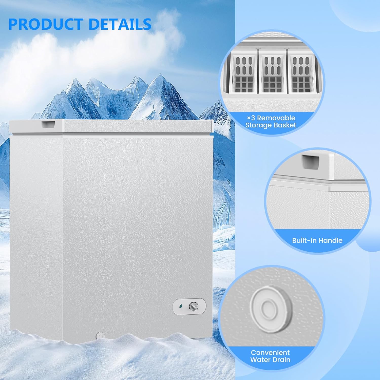 5.0 Cu.Ft Deep Freezer with 3 Basket 58150RHF0-WHITE - Kismile