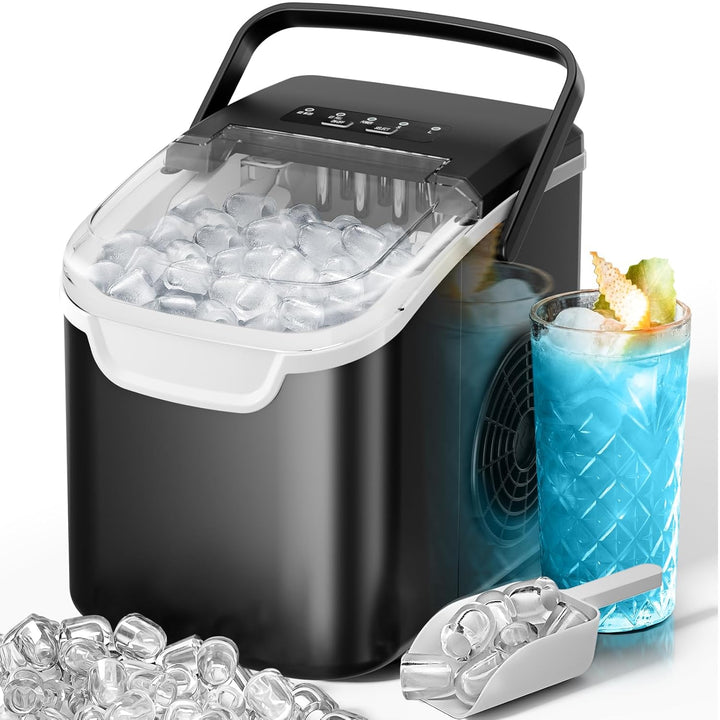 Black ice maker with a container of ice, a scoop, and a cocktail with a blue drink and lime garnish.