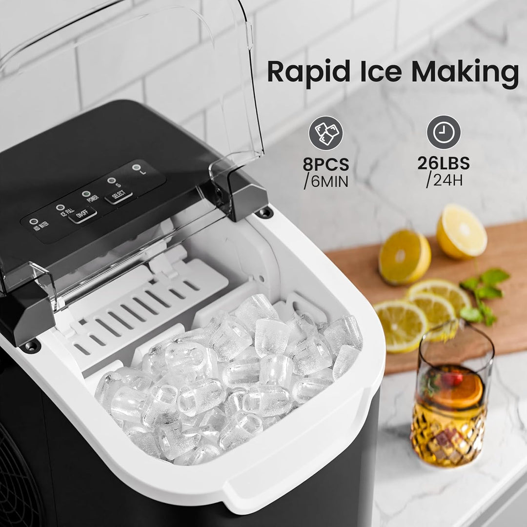 Ice maker with ice cubes and text indicating rapid ice making capabilities, placed on a kitchen counter with lemons and a drink.