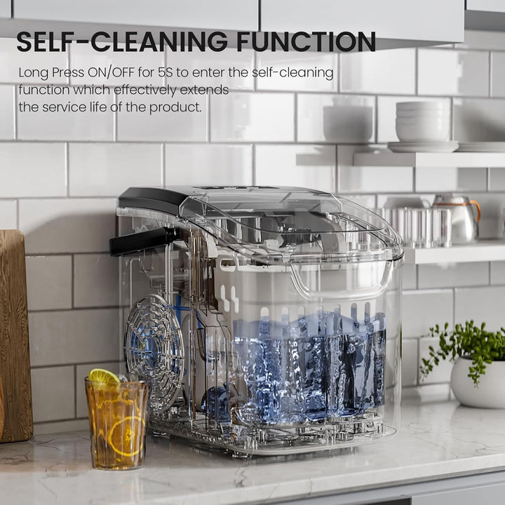 Clear appliance with blue interior on a kitchen counter, featuring text about self-cleaning function.