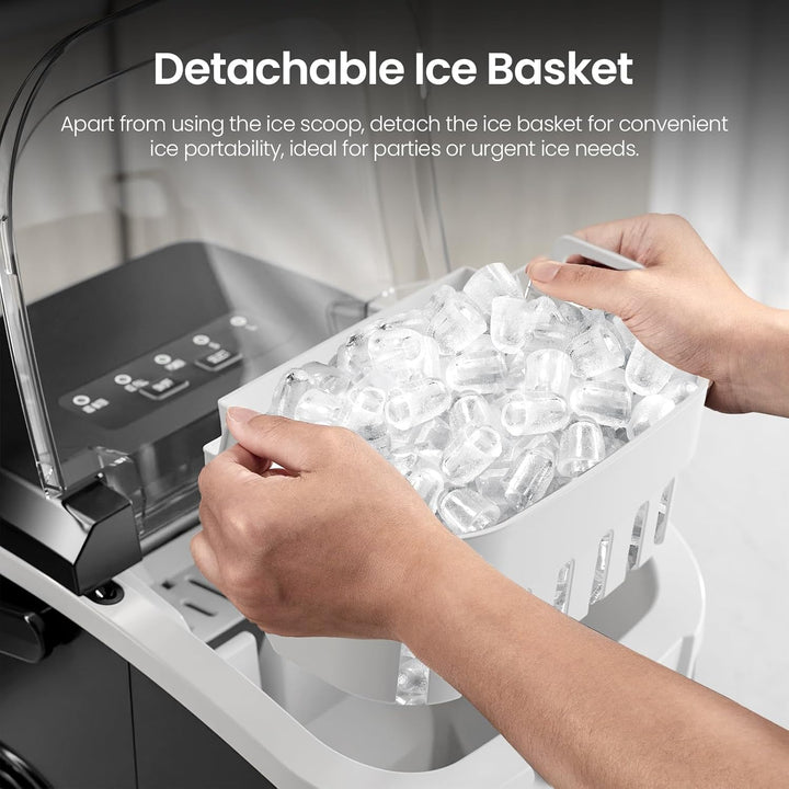 Ice maker with detachable ice basket and text highlighting its convenience for parties or urgent needs.