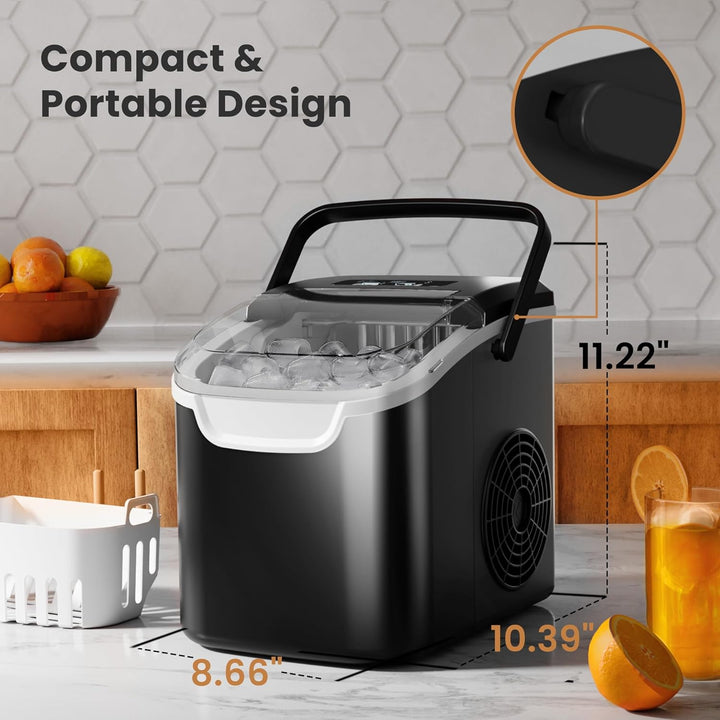 Compact black ice maker on a kitchen counter with text highlighting its design.