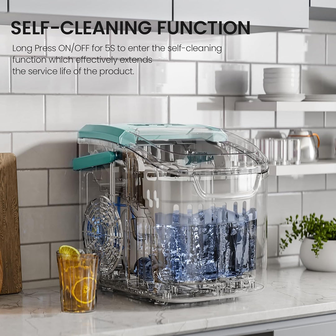 Clear kitchen appliance with blue interior on a kitchen counter, featuring self-cleaning function text.