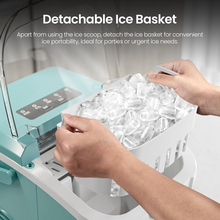 Ice machine with detachable ice basket being used, text indicating ice portability for parties or urgent needs.