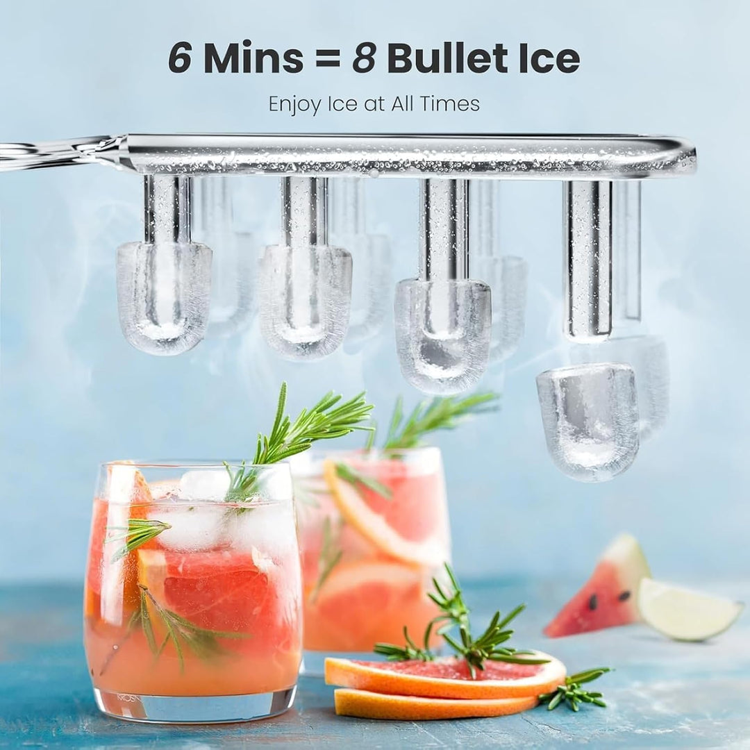 Ice cube tray with hanging ice cubes over drinks on a light blue background
