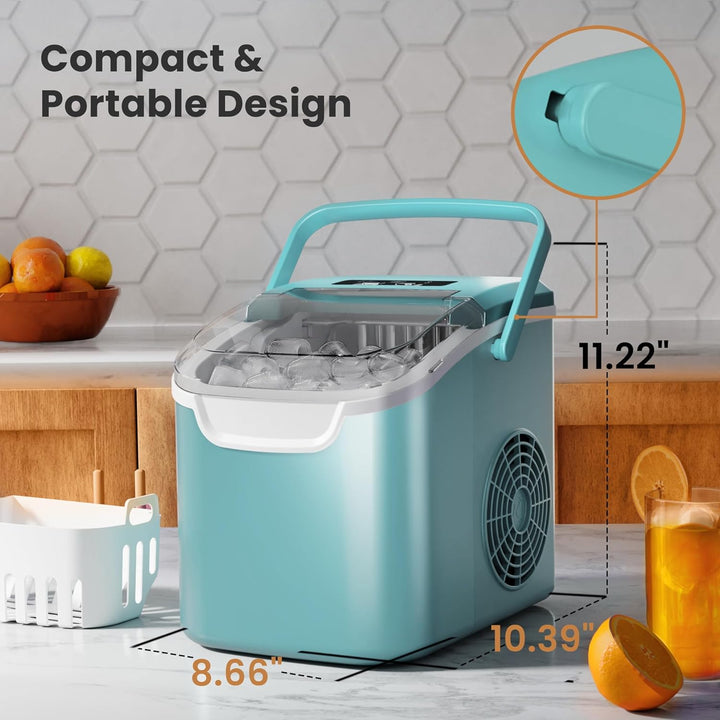 Compact ice maker with dimensions labeled on a kitchen counter.