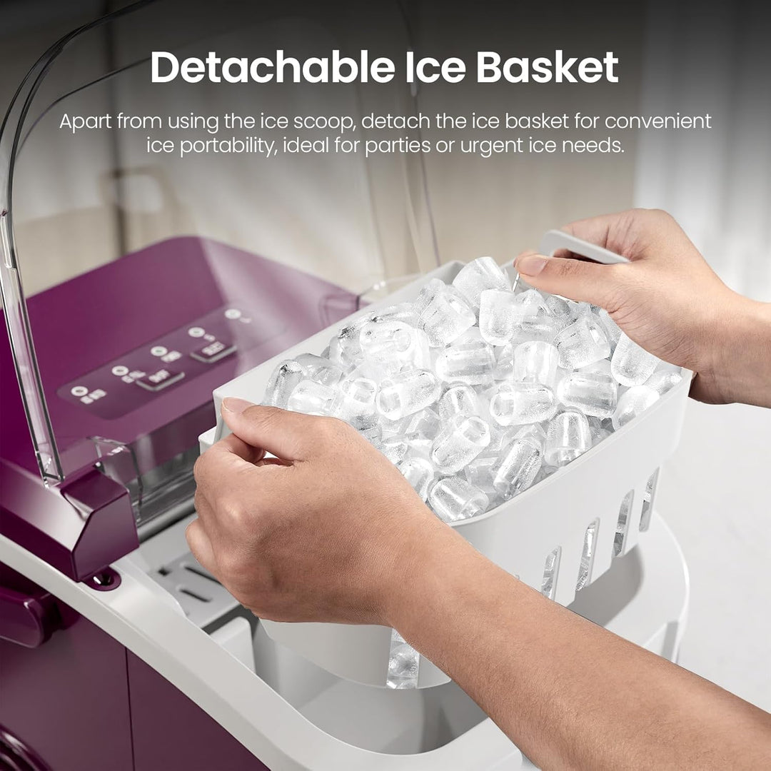 Person using a detachable ice basket with an ice maker, highlighting ice portability.