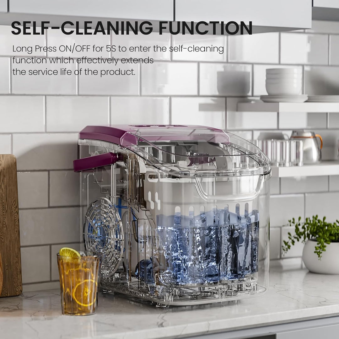 Clear dish drying rack with purple handle on a kitchen counter, featuring text about self-cleaning function.