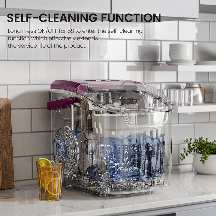 Clear dish drying rack with purple handle on a kitchen counter, featuring text about self-cleaning function.