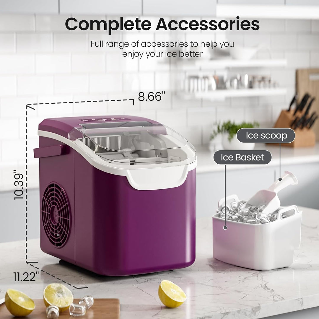 Purple ice maker with accessories on a kitchen counter