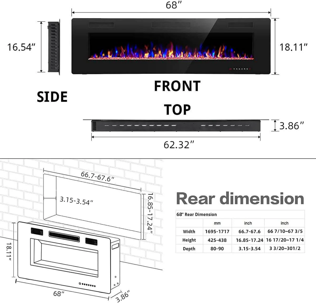 Electric Fireplace Recessed and Wall Mounted,750-1500W