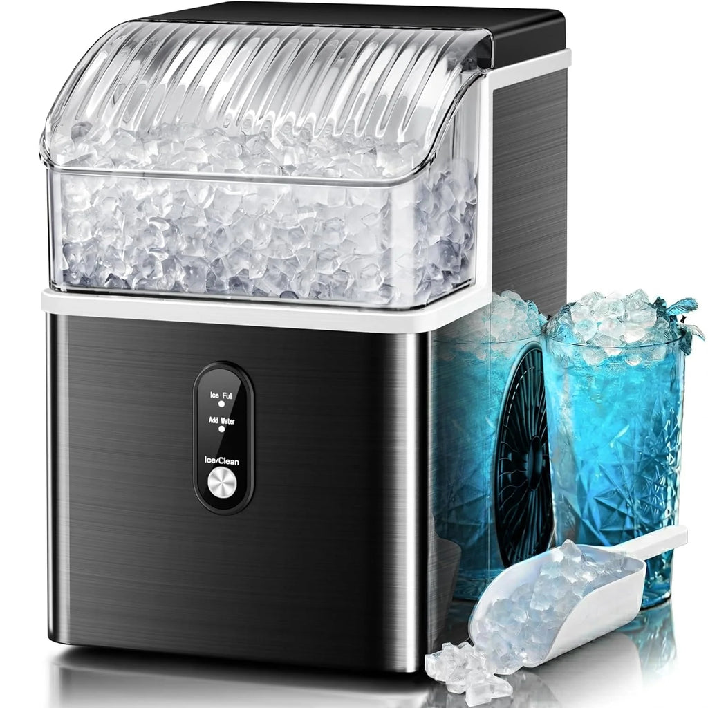 Portable ice maker with clear container of ice and blue drink in the background