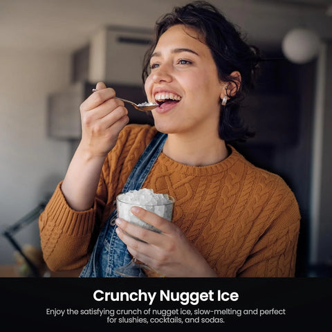 Woman eating Crunchy Nugget Ice with a spoon in a casual setting
