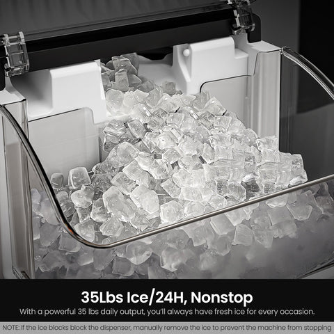 Ice maker with clear ice cubes and text indicating daily ice production.