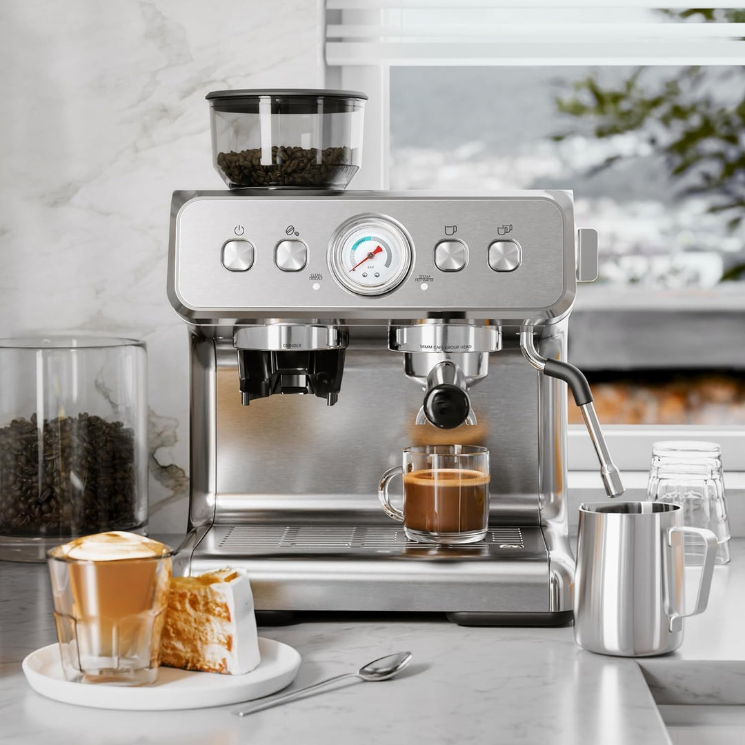 Kismile Espresso Machine 15 Bar, Semi-Automatic Coffee Maker with Bean Grinder and Milk Frother Steam Wand