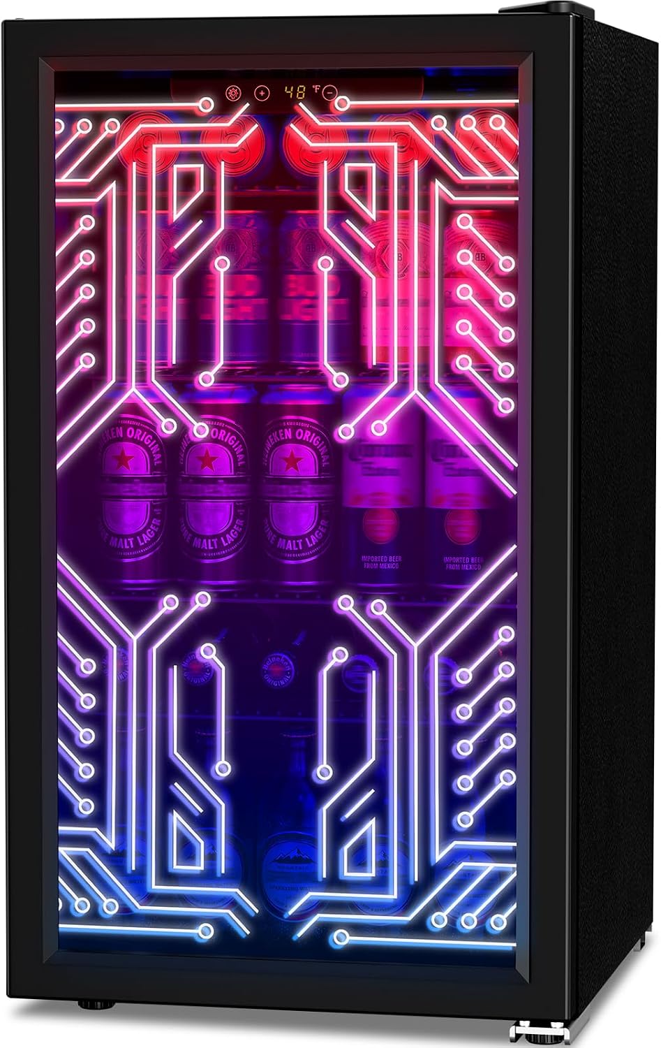 A black beverage refrigerator with a glass door, illuminated by a neon-style circuit board pattern in pink, purple, and blue. Inside, several cans of beer are visible under the colored lighting.