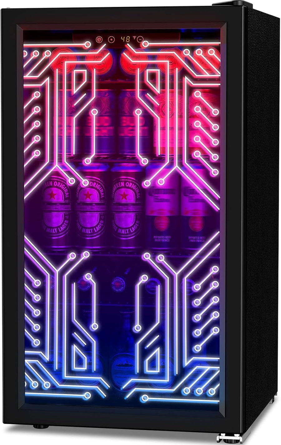 A black beverage refrigerator with a glass door, illuminated by a neon-style circuit board pattern in pink, purple, and blue. Inside, several cans of beer are visible under the colored lighting.