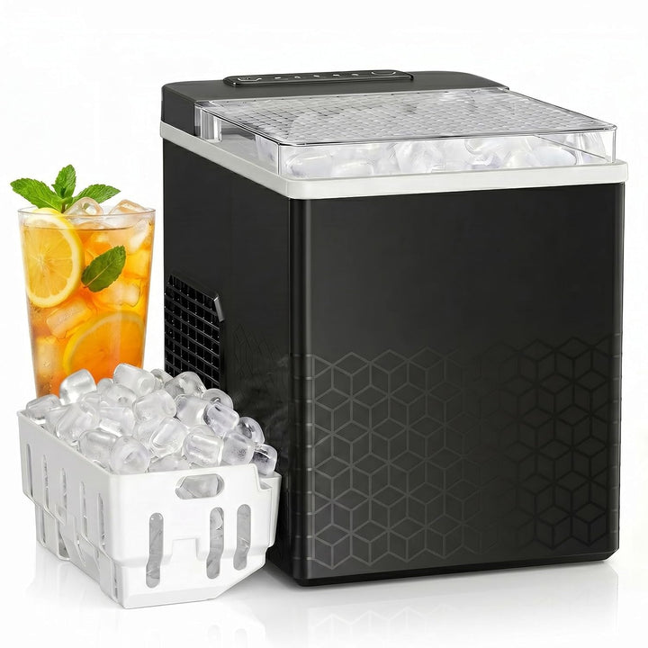 Black ice maker with a basket of ice and a glass of iced tea on a white background